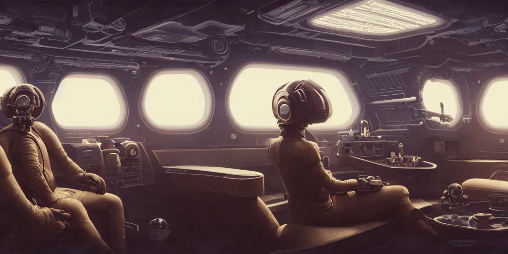 Prompt: highly detailed interior of a retro spaceship with large windows, stephen bliss, unreal engine, greg rutkowski, ilya kuvshinov, ross draws, hyung tae and frank frazetta, tom bagshaw, tom whalen, nicoletta ceccoli, mark ryden, earl norem, global illumination, god rays, detailed and intricate environment