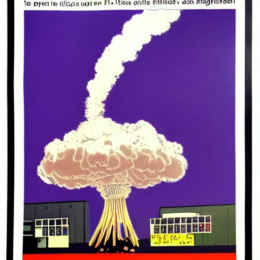 Image similar to A 1980s poster of a hawker centre and mushroom cloud