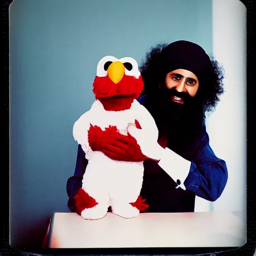 Image similar to polaroid photo of osama bin laden posing with elmo