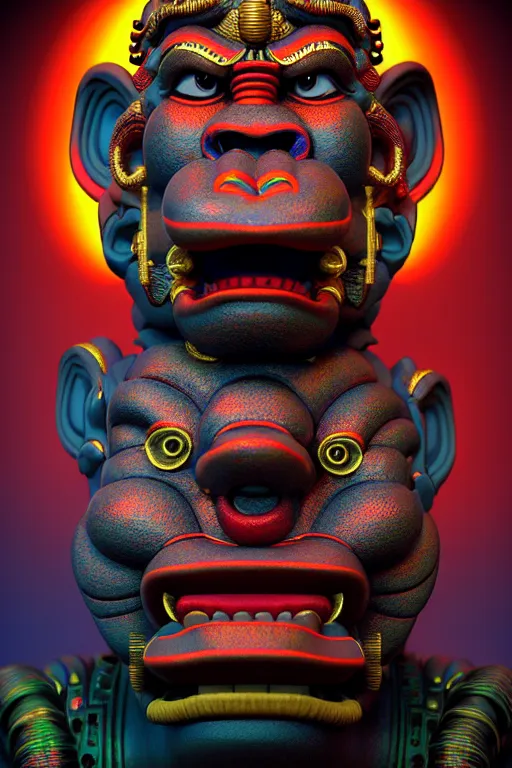 Image similar to high quality 3 d render post - rococo cyberpunk hanuman! head building, neon madhubani, open mouth, highly detailed, in sci - fi mumbai, cinematic smooth unreal engine, lee madgwick & liam wong, dramatic light, low angle, uhd 8 k, sharp focus