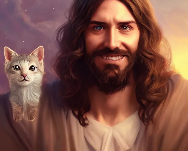 Image similar to photography of jesus christ with uwu smile and cute cat ears, deep focus, d & d, fantasy, intricate, elegant, highly detailed, simple background, digital painting, artstation, concept art, matte, sharp focus, illustration, hearthstone, art by artgerm and greg rutkowski and alphonse mucha