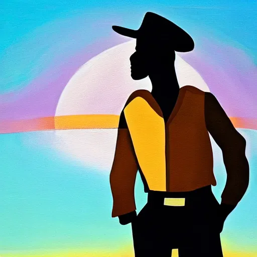 Prompt: a beautiful painting of a regal african cowboy, in front of a pale lavender sunrise, dawn, predawn, golden light, Art Deco!, silhouette, no crop, smooth, sharp focus, fine lines