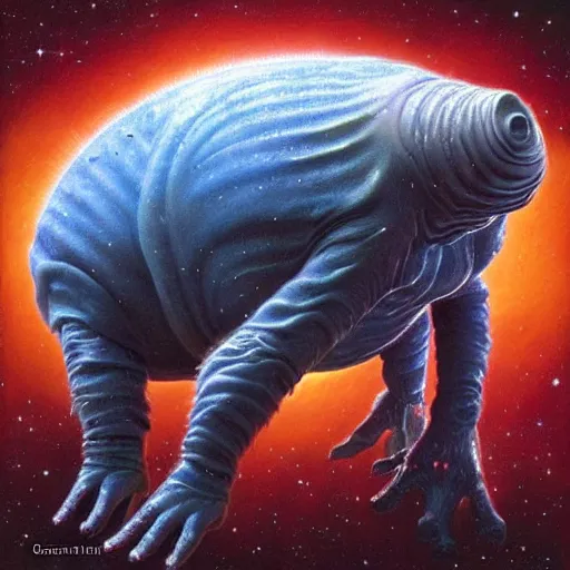 Image similar to the alien transcendent cosmic tardigrade that awaits you at the end of all of space and time, by gerald brom and ansel adams