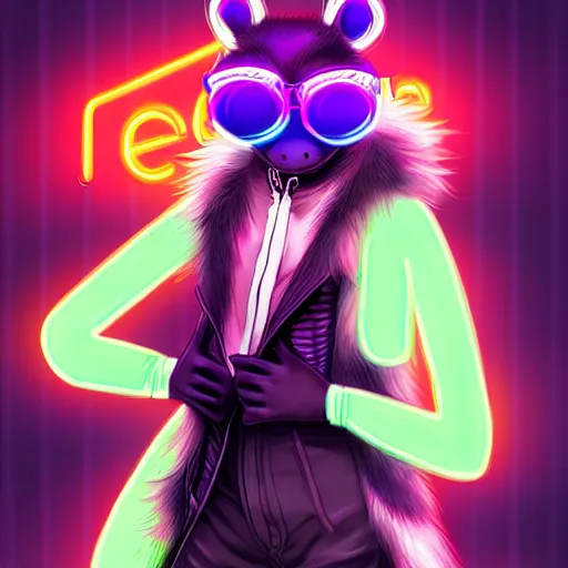 Image similar to beautiful furry digital art portrait commission of an androgynous furry anthro frog fursona wearing punk clothes in the streets of a cyberpunk city. neon signs. character design by charlie bowater, ross tran, artgerm, and makoto shinkai