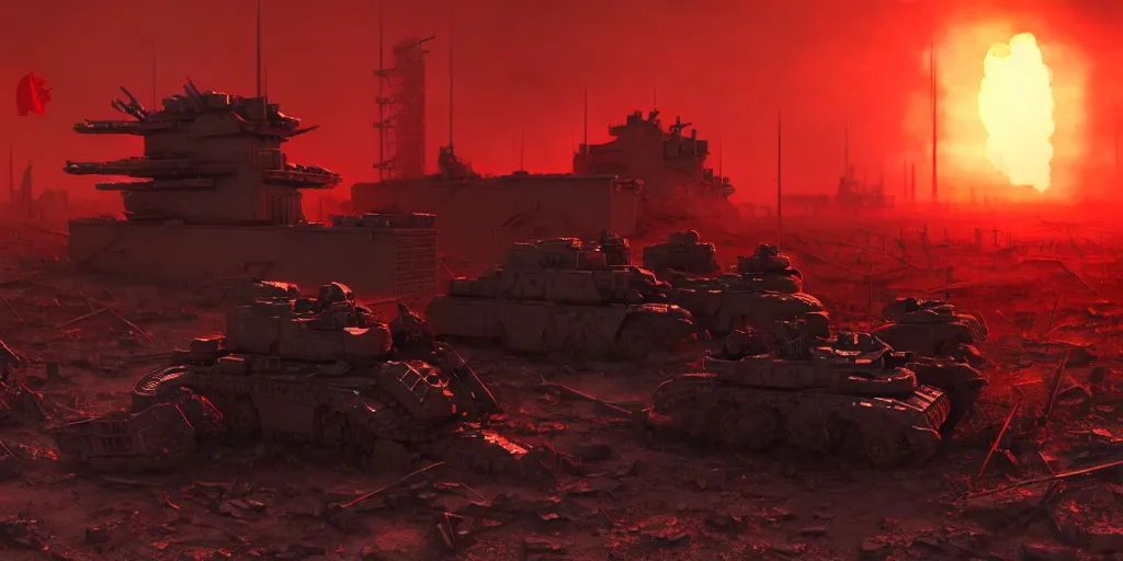 Prompt: the forces of the american empire engaged in nuclear combat with the chinese communist party, devastating, post apocalyptic, in the style of ilya repin, shattered land, extreme details, hyperrealistic, maya render, blender, arthur, octane render, 8 k, dynamic lighting, red sun, ash, realistic, photograph, 2 0 mm