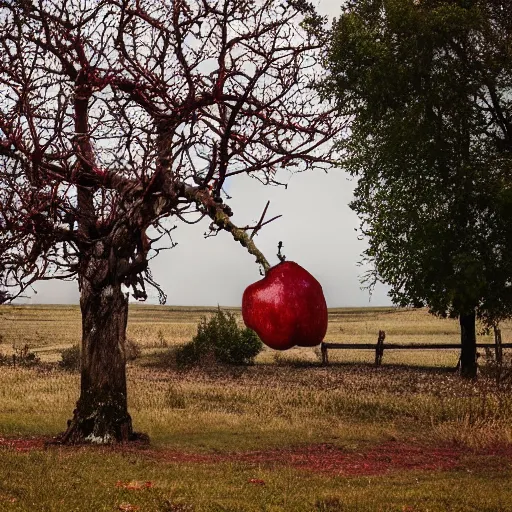 Prompt: a girl in a white cotton dress stands outside a decaying georgian farmhouse. a tree bearing red apples. folk horror