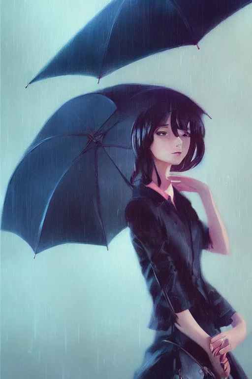 Prompt: A ultradetailed beautiful panting of a stylish girl with an umbrella, rainy day, Oil painting, by Ilya Kuvshinov, Greg Rutkowski and Makoto Shinkai