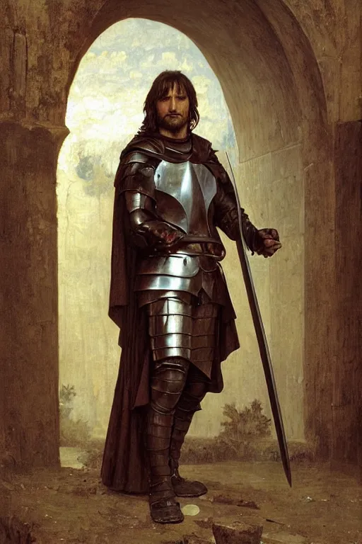 Prompt: aragorn with medieval armour, sit on throne, bouguereau