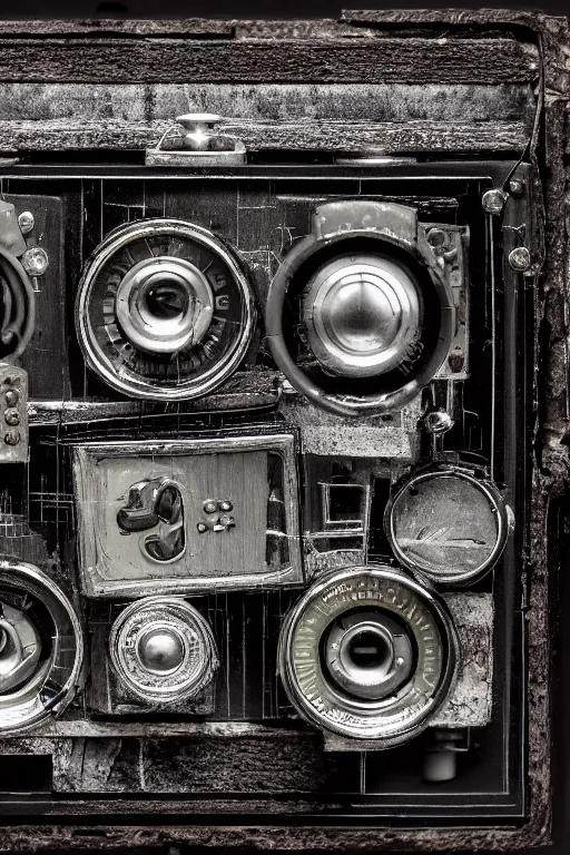 Image similar to A photo of a old 1960's device opened camera with film, vacuum tubes, capacitors and coils inside by Richard Kuiper and Steve McCurry, grungy, weathered Ultra detailed, hyper realistic, 4k