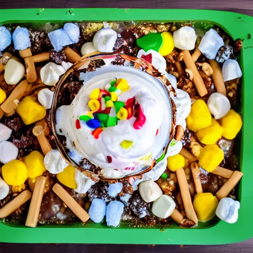 Image similar to high quality photo of the best ice cram sundae in the world on a yellow tray on a green table with a clean background