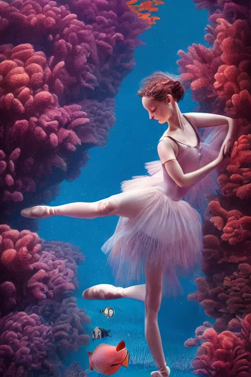 Prompt: ballerina alone at the bottom of the great barrier reef by jaques cousteau, digital art, smooth, focus, highly detailed, hyper realistic, intricate, concept art, art by wlop