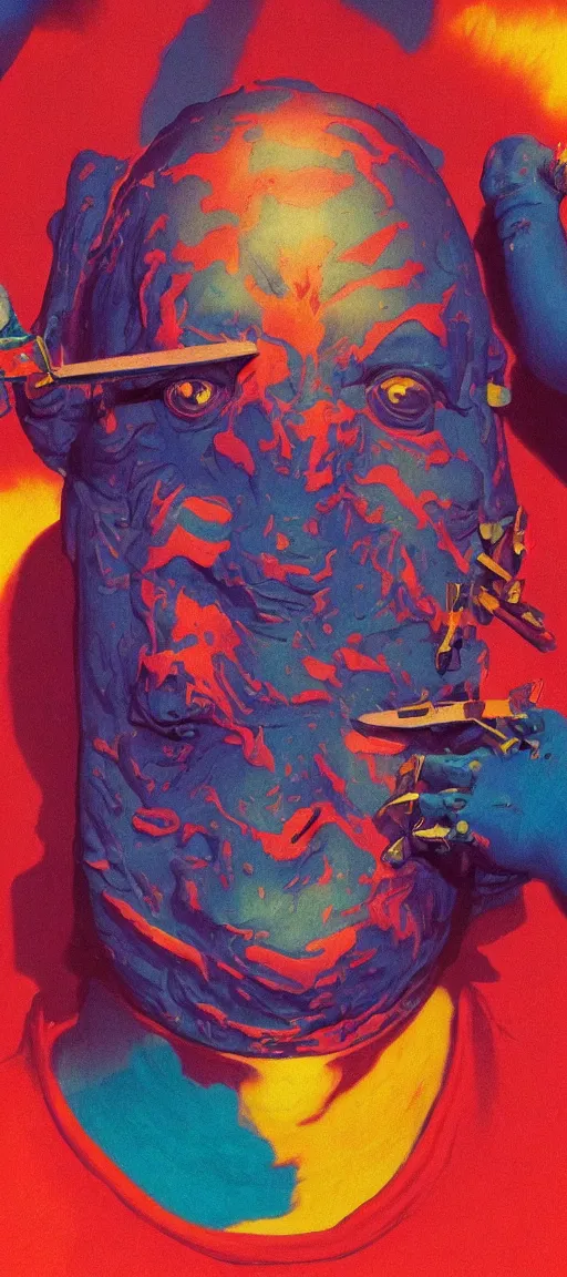 Prompt: a colorful vibrant closeup portrait of slipknot band aesthetic face dreamy vibes and dreaming psychedelic, by kawase hasui, moebius, edward hopper and james gilleard, zdzislaw beksinski, steven outram colorful flat surreal design, hd, 8 k, artstation