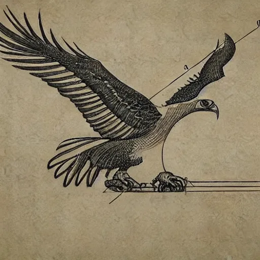 Image similar to Technical drawing of an eagle with a detailed description. Leonardo Da Vinci style