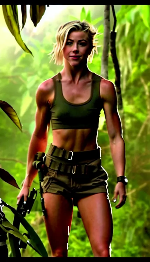 Image similar to cinematic action scene with julianne hough as a commando in the jungle, crop top, boy shorts, boots, dramatic smoke, still frame