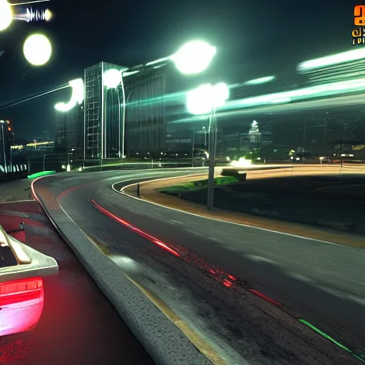 Prompt: chase camera gameplay footage of need for speed underground 2 in bayview at night
