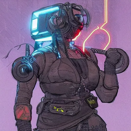 Image similar to Apex legends cyberpunk weight lifter. Concept art by James Gurney and Mœbius.