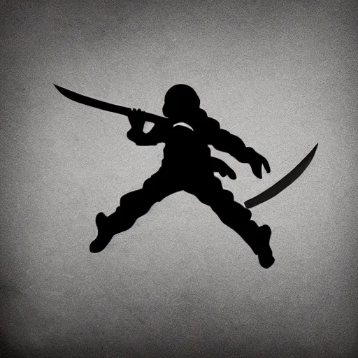 Image similar to tattoo design, stencil, a ninja jumping in the air with a sword