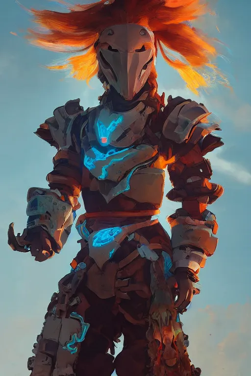 Image similar to combination suit armor aloy horizon forbidden west horizon zero dawn radiating a glowing aura global illumination ray tracing hdr fanart arstation by ian pesty and alena aenami artworks in 4 k tribal robot ninja mask helmet backpack