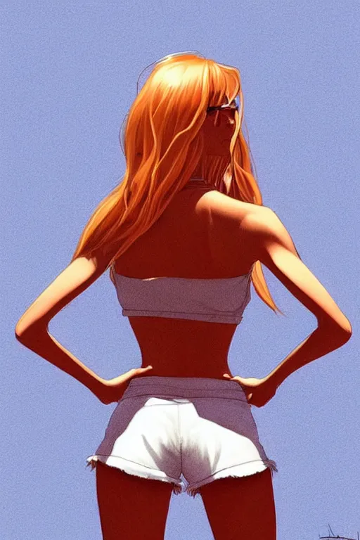 Prompt: a gorgeous woman with very long hip-length blonde hair, wearing a cut-off white top and orange cut-off shorts standing by the water, in the style of artgerm and moebius and annie liebovitz, marvel comics, photorealistic, highly detailed, trending on artstation