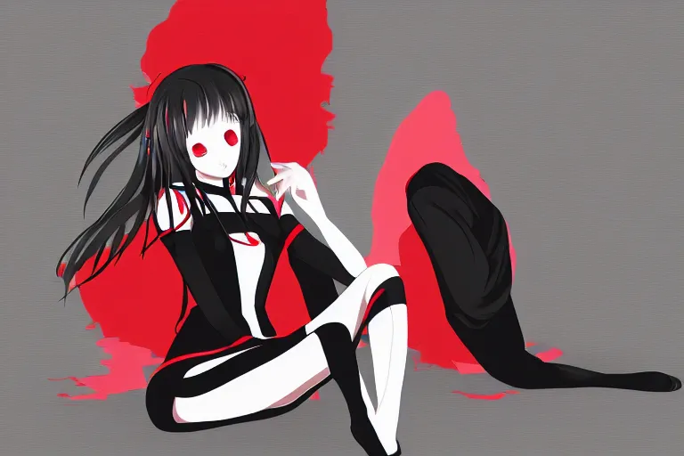Image similar to a girl sitting on the ground, wearing a black outfit with red trim, soft white background, vector shaded, very anime, detailed colors, digital art, 4 k