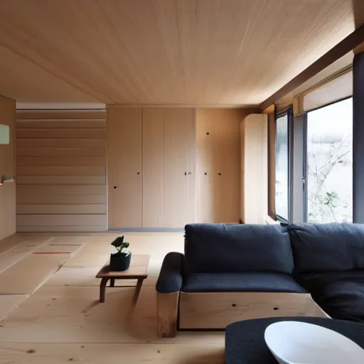 Prompt: modern Japanese home interior combined with Scandinavian home interior