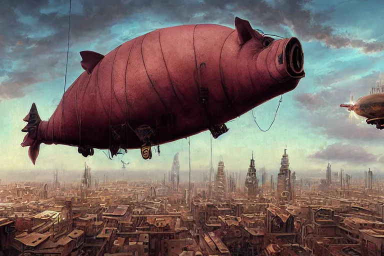 Image similar to a pig-blimp, pig head, steampunk, digital art, extremely detailed, flying over a city, greg rutkowski, cinematic