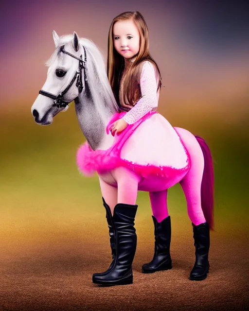 Image similar to young girl with rider boots, next to her is a pink pony, photo taken by nikon, sharp focus, highly detailed, studio lightning, 4 k