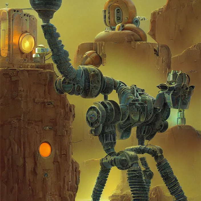 Image similar to quaint robot, science fiction, detailed, sharp focus, pastel, intricate, realistic, smooth, volumetric lighting, digital painting, by roger dean