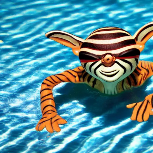 Image similar to striped gremlin swimming in a pool in the desert