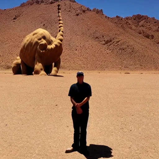 Prompt: the dude standing in front of an enormous beast in a desert