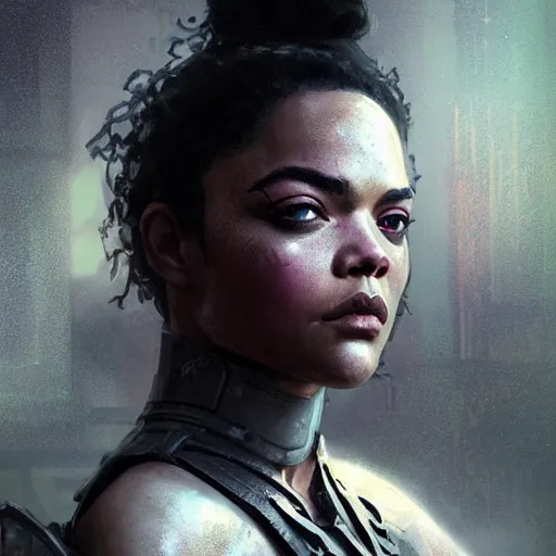 Image similar to tessa thompson portrait, dystopia core, apocalyptic, armor, warrior, dramatic, sharp focus, fiction, neon, fantasy, hyper detailed, digital art, trending in artstation, cinematic lighting, studio quality, smooth render, unreal engine 5 rendered, octane rendered, art style and nixeu and wlop and krenz cushart