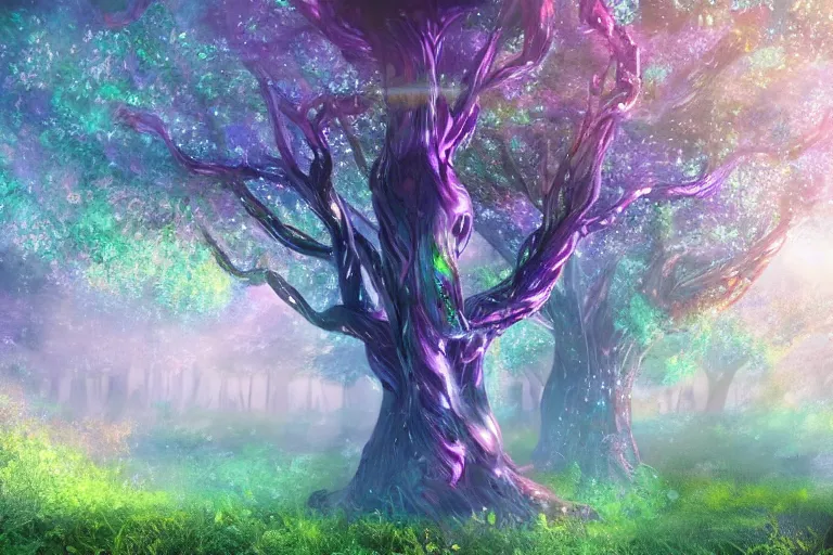 Prompt: a magical bubble tree forest, with iridescent swirls, spiral tree branches and early morning fog, trending on artstation, 4k