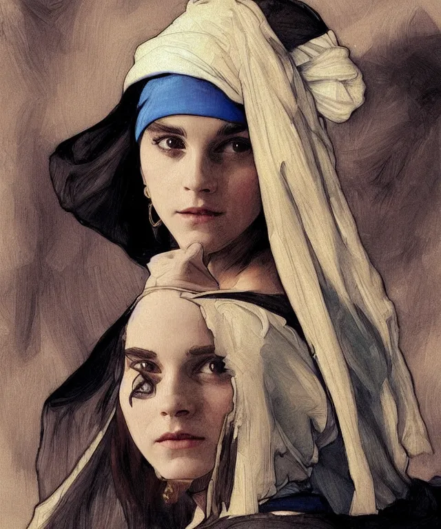 Image similar to Emma Watson as the girl with the pearl earring, highly detailed, digital painting, artstation, concept art, smooth, sharp focus, illustration, ArtStation, art by artgerm and greg rutkowski and alphonse mucha and J. C. Leyendecker and Edmund Blair Leighton and Katsuhiro Otomo and Geof Darrow and Phil hale and Ashley wood and Ilya repin and Charlie Bowater