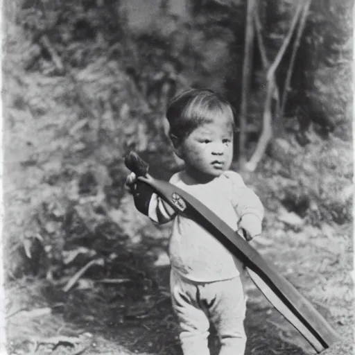 Prompt: a photograph of a baby with a machete taken in 1 8 9 0