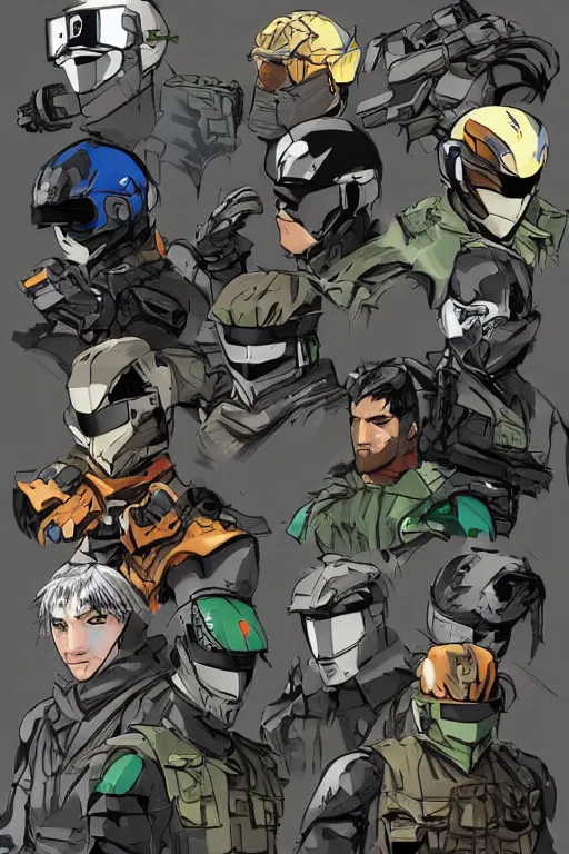 Prompt: ranger power colored mecha ninja mask helmet metal gear solid artic suit swat commando snyder zack and swanland raymond and pennington bruce