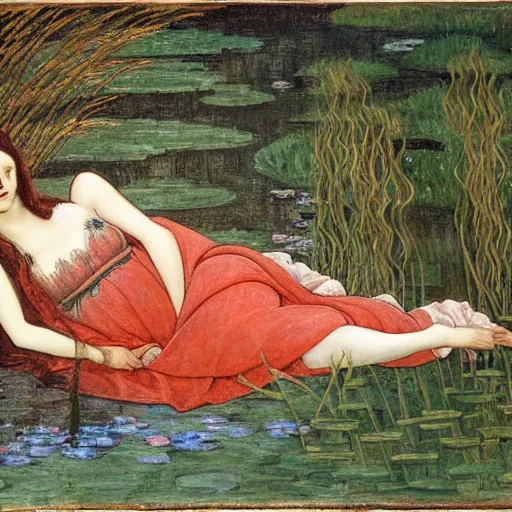 Image similar to ophelia, laying flat submerged in water floating down the river amongst the reeds, fully covered in robes and lake foliage weeds reeds fully clothed in flowing medieval robes, by botticelli devinci rosetti and monet, 8 k