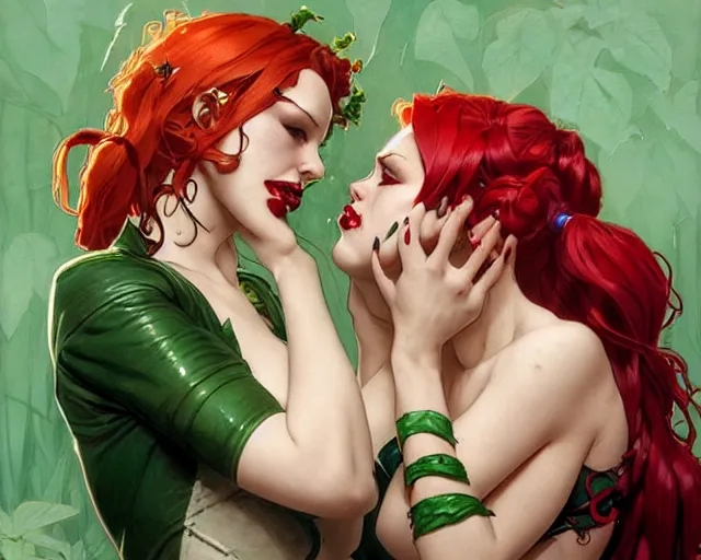 Prompt: poison ivy and harley quinn smooching, digital painting, trending on artstation, by artgerm and greg rutkowski and alphonse mucha