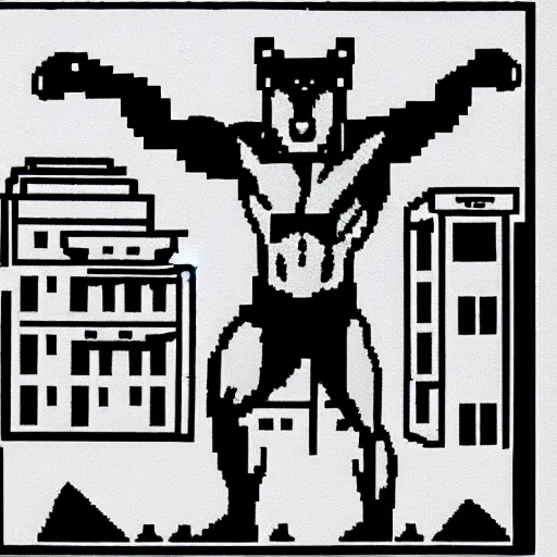 Prompt: full body portrait. 8 bit graphics. antropomorphic muscular masculine wolf, kickboxer fighter, in shorts, in front of destroyed city. wolf head. furr on body. at night. 1 9 8 9