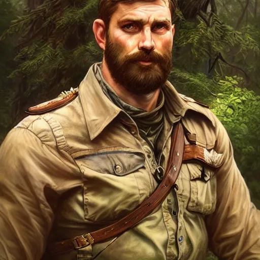 Image similar to portrait of rugged male ranger in the forest, masculine, D&D, muscular, fantasy, intricate, elegant, highly detailed, digital painting, artstation, concept art, smooth, sharp focus, illustration, art by artgerm and greg rutkowski and alphonse mucha