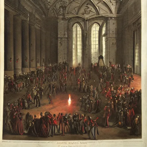 Image similar to vampires fighting in a party in the interior of gothic dark castle, red pool fountain, louis xv furniture, torch lighting