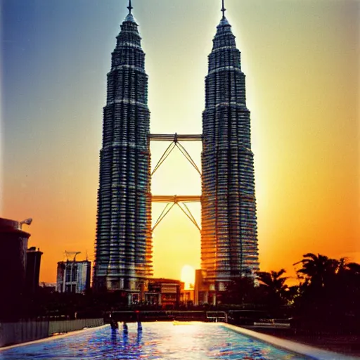 Image similar to the petronas towers shaped like elac debut floor standing speakers, ultra realistic, kodachrome 6 4, golden hour image