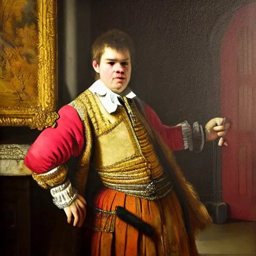 Prompt: King Magnus Carlsen in his castle, hyperrealistic 18th century oil portrait by Rembrandt, award-winning masterpiece