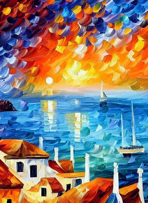 Image similar to beautiful seaside greek village in the style of leonid afremov