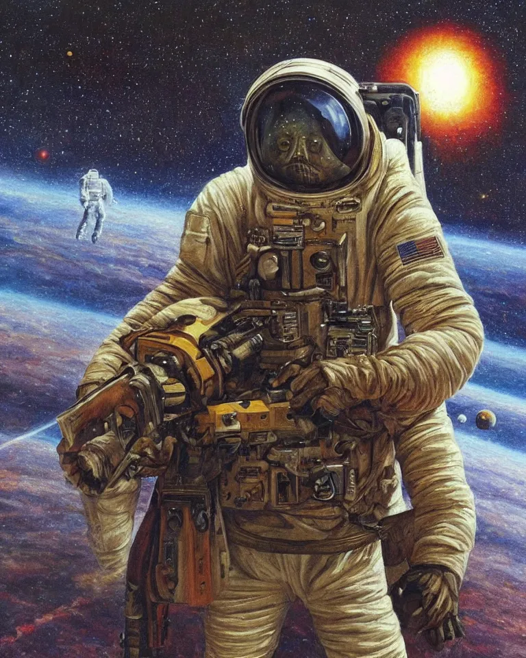 Image similar to a painting of a spaceman holding a rifle, concept art by barclay shaw, featured on deviantart, space art, concept art, sci - fi, cosmic horror