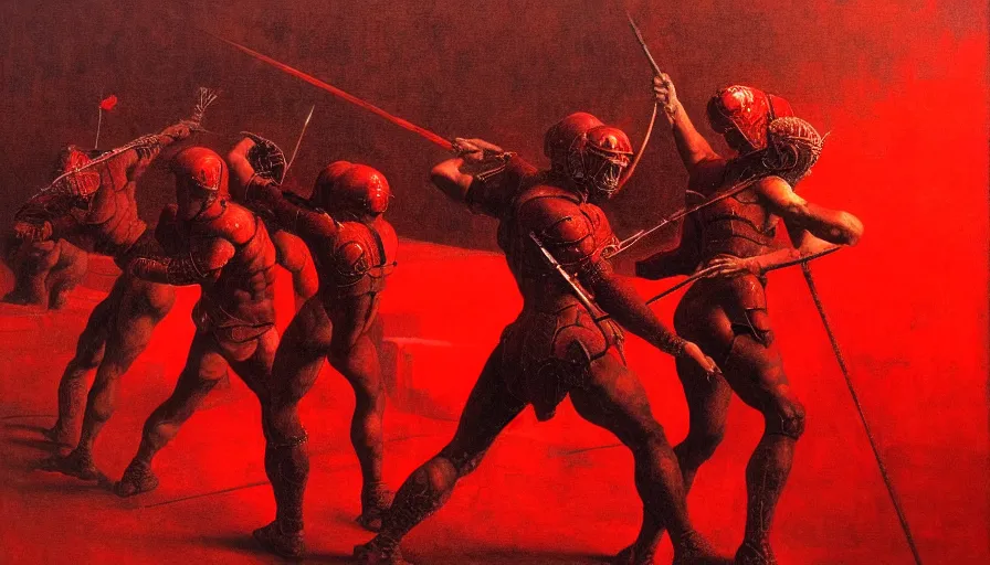 Image similar to only with red, a lightly armored gladiator in a crowded roman amphitheatre, crowd cheering, in the style of beksinski and edward hopper and rodcenko and yue minjun and rolf armstrong, intricate and epic composition, red by caravaggio, highly detailed, masterpiece, red light, artstation