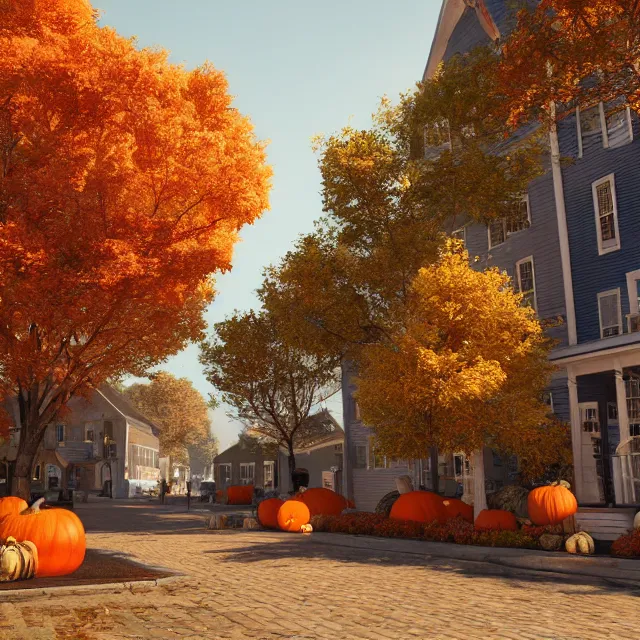 Image similar to small new england colonial city street with shops and pumpkins, maple trees with fall foliage, volumetric, realistic, cinematic lighting, ray tracing, unreal engine 5, octane render, hyper realistic, photo, 8 k