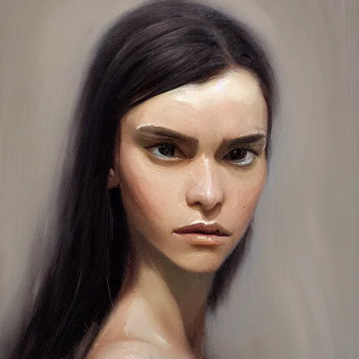 Prompt: An oil painting of a girl dressed in priest robes, 23 years old, (chad jaw line), long black hair, sharp facial features, beautiful, highly detailed, by Cédric Peyravernay, trending on artstation
