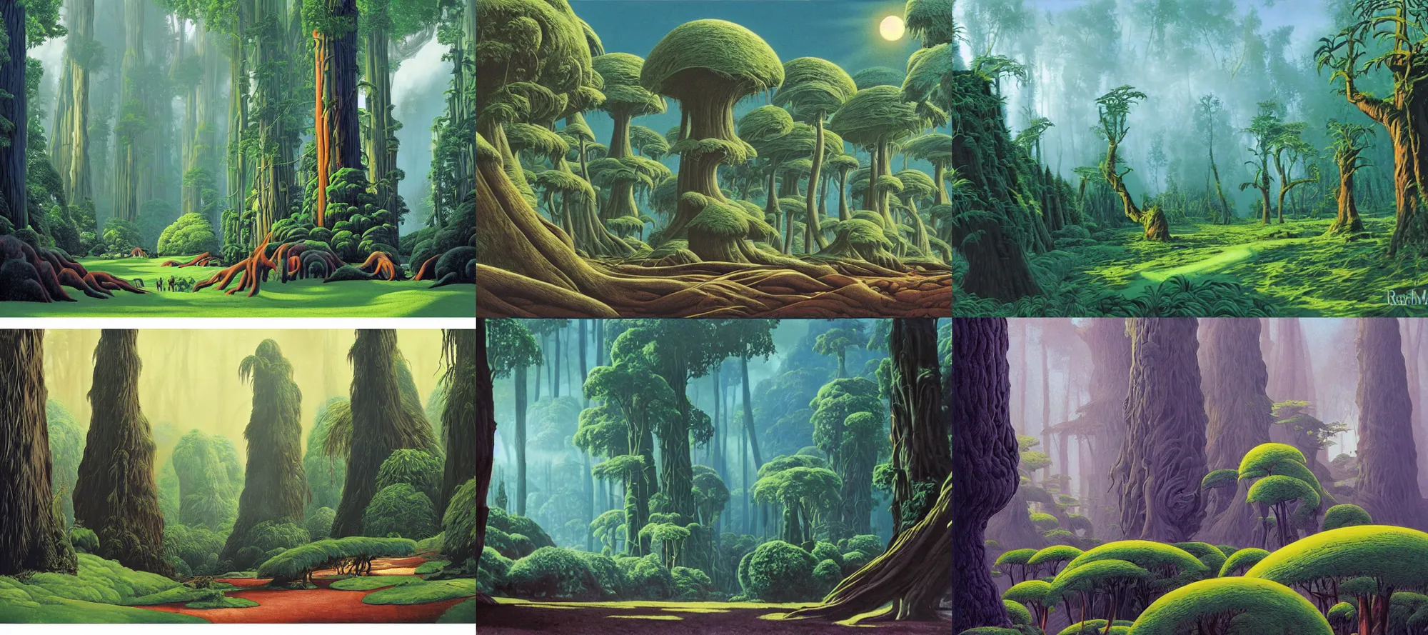 Prompt: A Kashyyyk landscape in the style of Dr. Seuss, starships, giant trees, dense forest, painting by Ralph McQuarrie