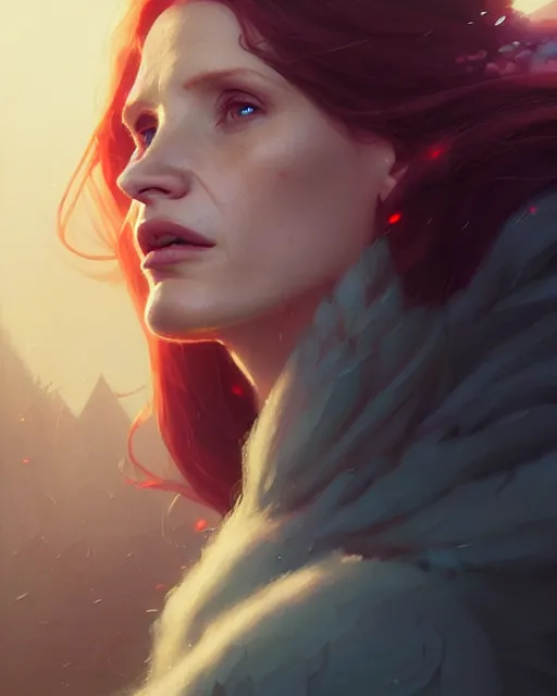 Image similar to portrait of jessica chastain, unreal engine, fantasy art by greg rutkowski, loish, rhads, ferdinand knab, makoto shinkai and lois van baarle, ilya kuvshinov, rossdraws, tom bagshaw, global illumination, fan art, radiant light, detailed and intricate environment