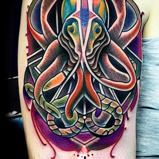 Image similar to american traditional abstract tattoo art of cthulhu playing praying, sheet paper